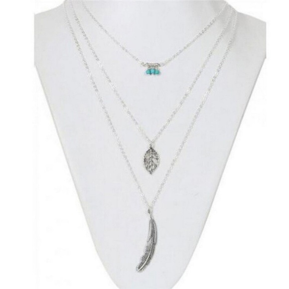 Feather Pendant Layer Silver Turquoise Necklace - Picture 2 of 6